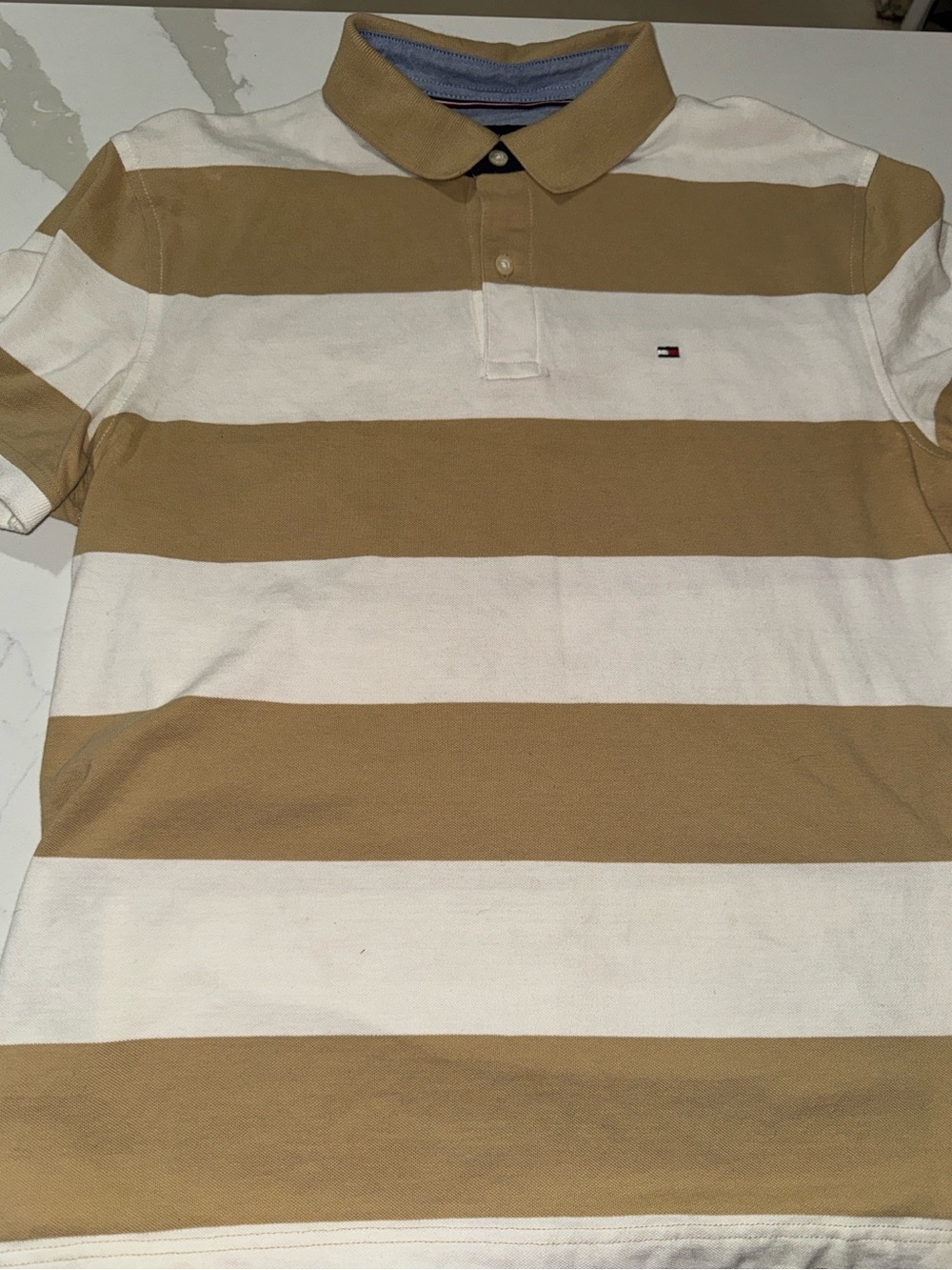 Tommy Hilfiger Tan and White Striped Polo Shirt